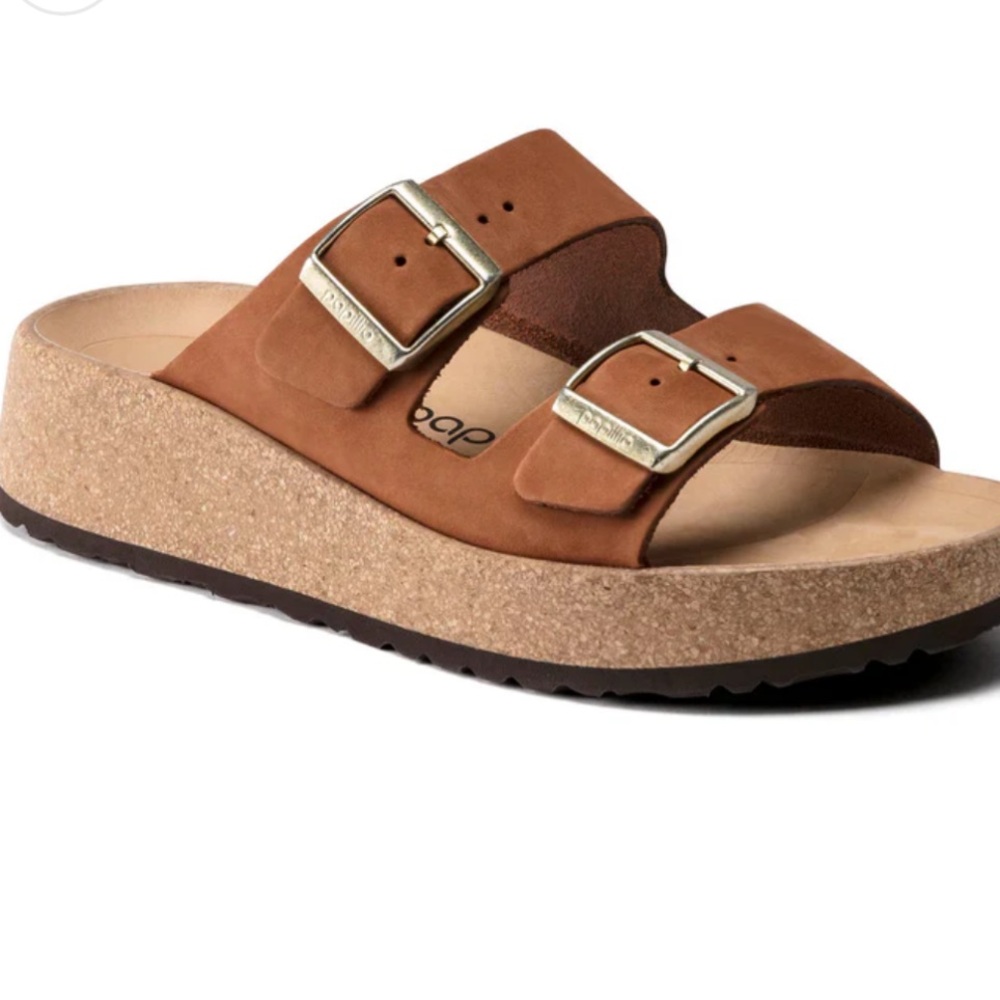 Papillio by Birkenstock Double Buckle Suede Slide Sandals in Rich Cognac